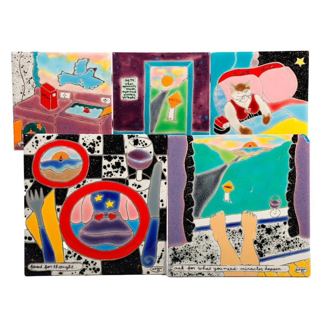 An Austrian Steinbock Enamel Tray and Irene Cartoon Clay Tiles: The mid century oblong footed enamel tray with a whimisical vignette of a young couple having picnic at a camp site, "Made in Austria/Steinbock" stamp on base, 1.125"h x 4.5" x 9.25"l (a couple of rep