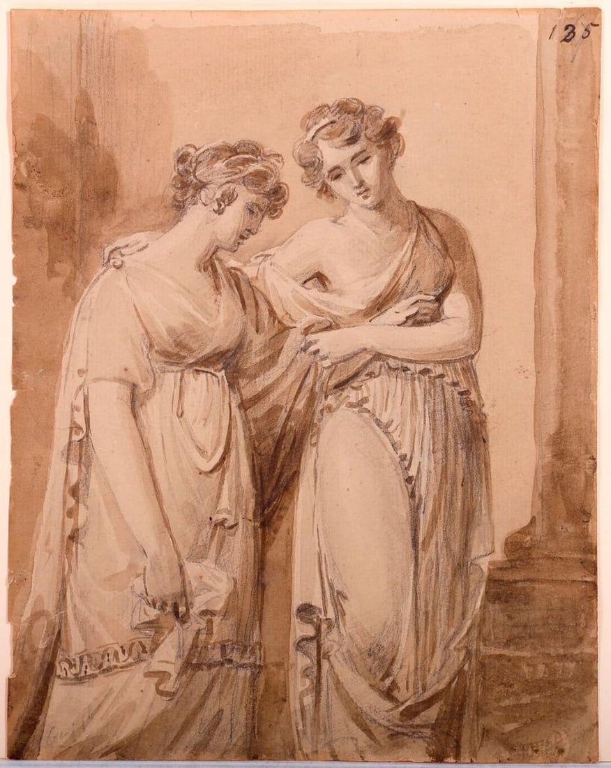 Attributed to Felice Giani (1758-1823), Watercolor: Artist: Attributed to Felice Giani (1758-1823). Title/Description: Two classical muse figures. Signature: Faint possible signature l/l; insc; inribed in pencil verso. Medium: Watercolor and gouache on