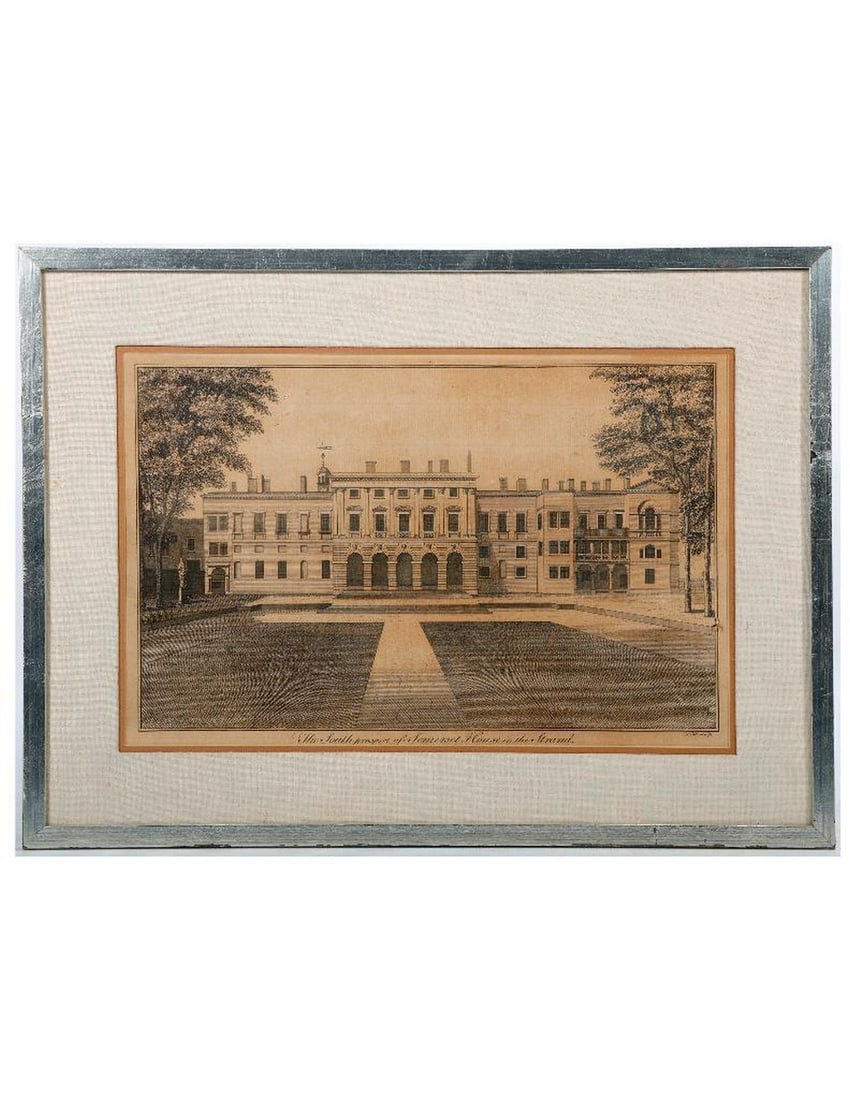 Prospect of Somerset House, Print: Engraved plate: "The South Prospect of Somerset House in the Strand." From: A Survey of the Cities of London & Westminster, by John Stow, circa 1720. Engraved by B. Cole. 9 1/4" x 14 1/4" (sight), 14