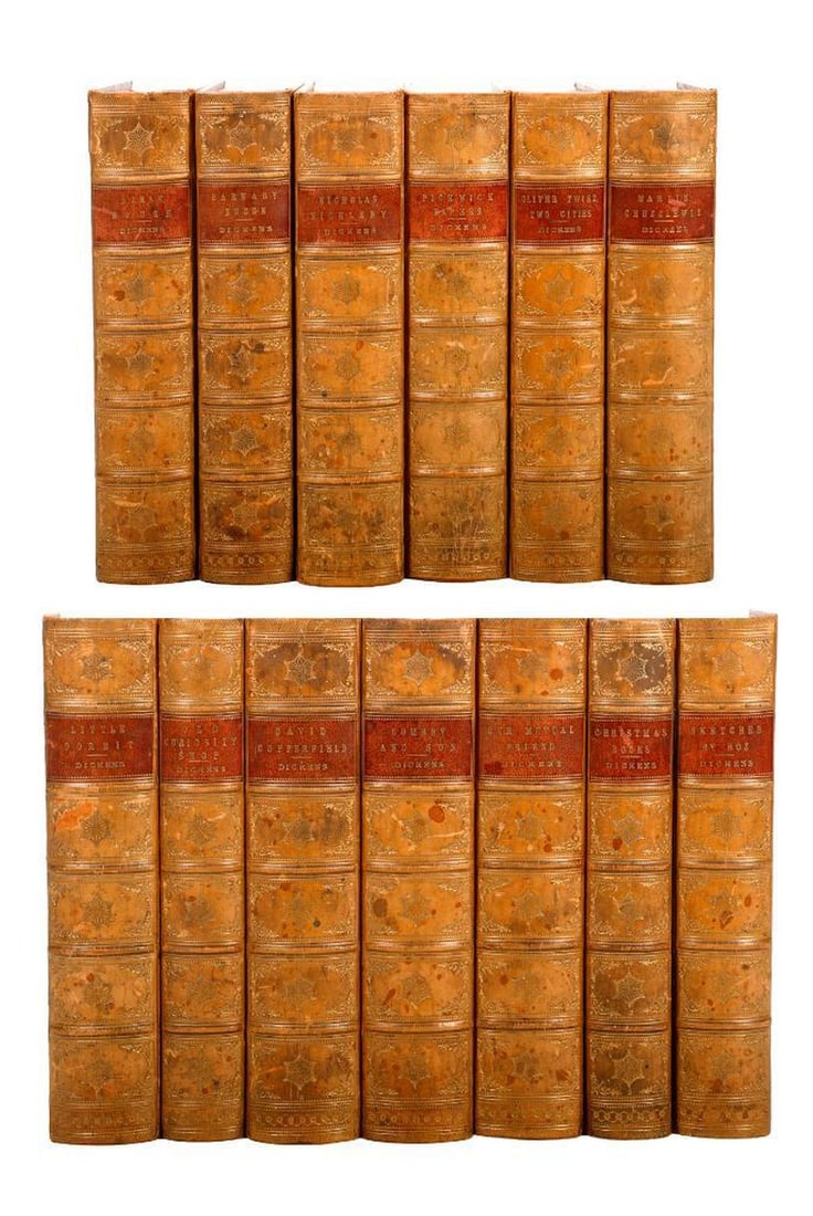 Charles Dickens Leatherbound Set (13), 1860s-1870s: DICKENS, CHARLES. Works, 13 Volumes; one dated 1865, several 1871-1872; others n.d./circa early 1870s. 8vo. Full calf, red morocco labels and gilt to spines, all edges marbled. Condition of the set: V