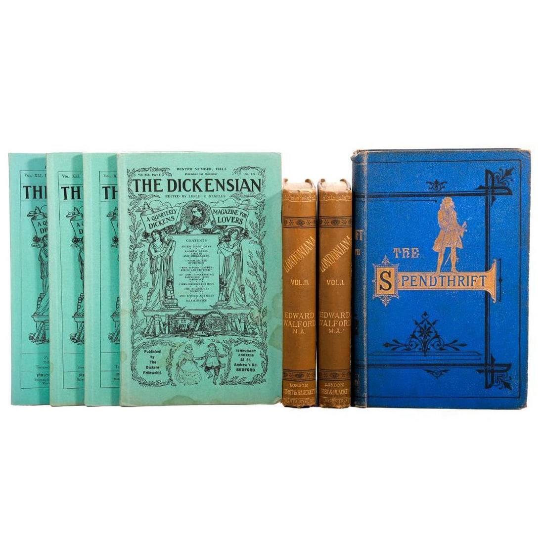 The Spendthrift, Londoniana, and The Dickensian Magazine: 1.) AINSWORTH, WILLIAM HARRISON. The Spendthrift, A Tale. London: George Routhledge andWith Illustrations by Hablot K. Browne ("Phiz"). 8vo. Pictorial gilt pebbled blue cloth boards. Condition: Fair-G