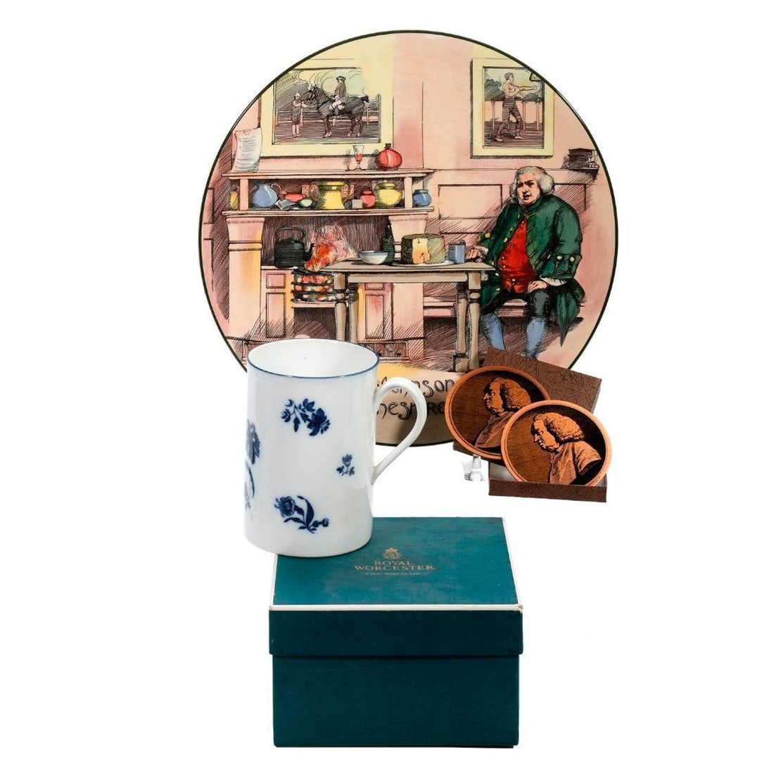 Royal Doulton Dr. Johnson Platter, with collectibles: A Royal Doulton "Dr. Johnson at the Cheshire Cheese" porcelain dish/platter, diam. 13 1/2." Together with a Royal Worcester porcelain replica of a Worcester porcelain mug used by Dr. Samuel Johnson, 5