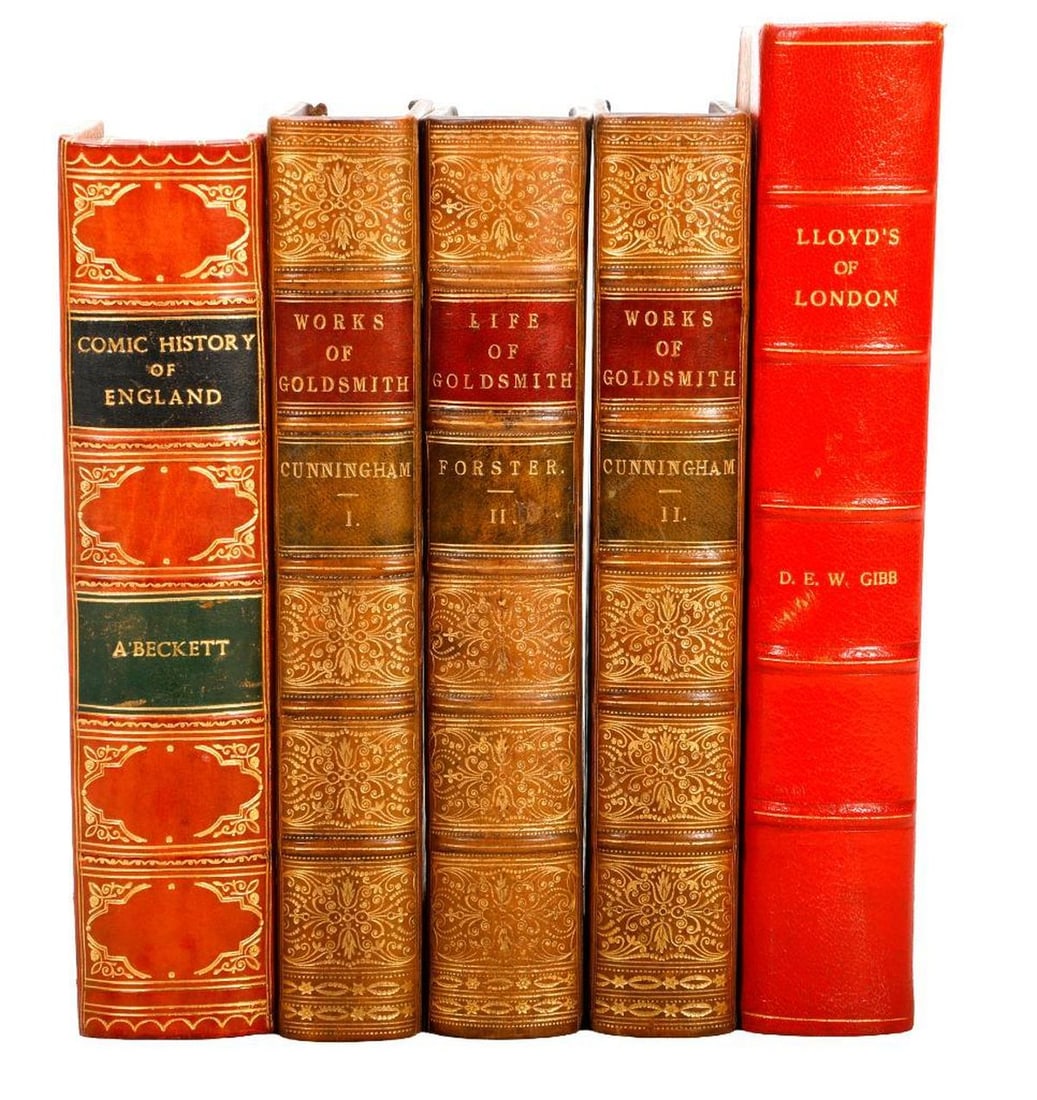 Works of Goldsmith, 1854; with Two Others: [BINDINGS; ENGLISH LITERATURE, HISTORY, HUMOR.] 1.) CUNNINGHAM, PETER [ED.]. The Works of Oliver Goldsmith. Volumes. I-III (of 4). London: John Murray, 1854. 8vo. Original full calf gilt-blocked board