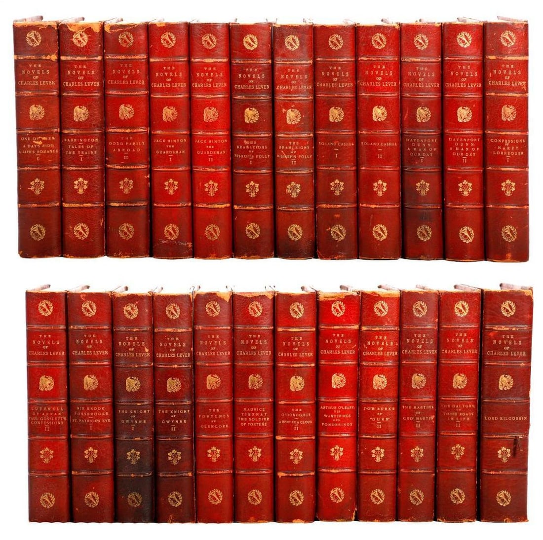 The Novels of Charles Lever (24), Joseph Harrison Brazier Bookplates: [BRAZIER BOOKPLATES.] THE NOVELS OF CHARLES LEVER, With an Introduction by Andrew Lang. 24 Volumes. Boston: Little, Brown and Company, 1894. 8vo. Half red morocco and marbled paper boards, gilt to spi