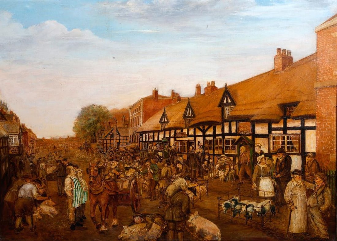 T. W. Peake (20th Century), Painting: Artist: T. W. Peake (20th Century). Title/Description: "Pig Market, Shropshire Street, Market Drayton, Salop (1840)." Signature/Date: Signed and dated lower left. Date: 1940. Medium: Oil on canvas. Si