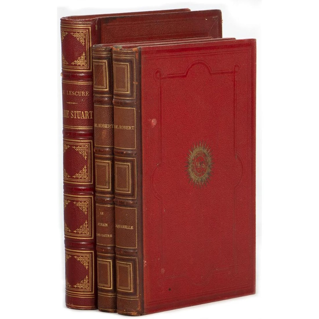 3 French 19th Century Gilt Volumes: 1.-2.) ROBERT, KARL. Two uniformly bound volumes, gilt red cloth and leather/raised band spines, marbled endpapers, 8vo, published by Henri Laurens, Paris; one with inscribed college certificate on pa