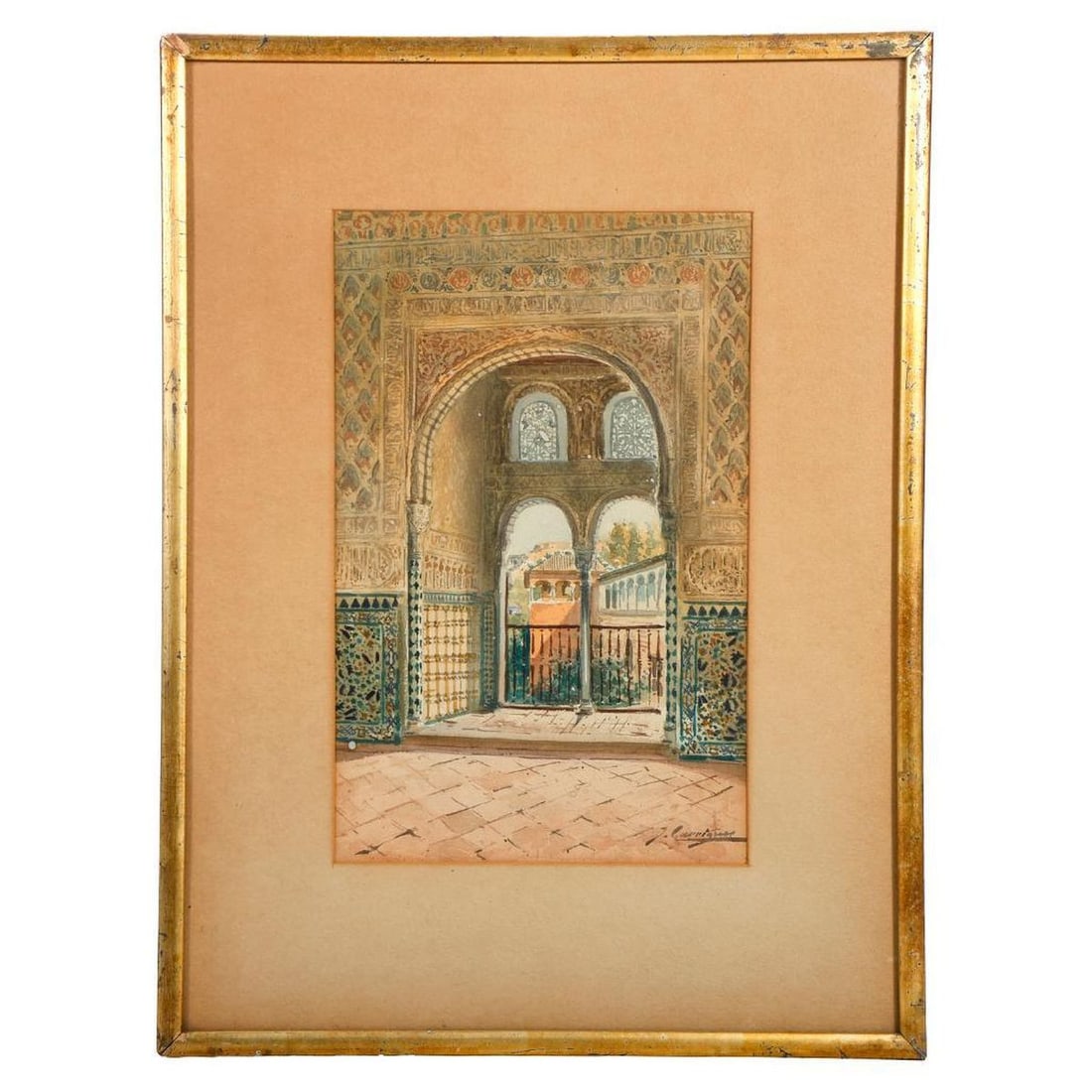 Jose Garrigues Motos (1883-?), Watercolor: Artist: Jose Garrigues Motos (1883-?). Title/Description: Inside the Alhambra, Granada. Signature: Signed lower right. Medium: Watercolor on paper. Size: 9 1/4" x 6" (sight); 14 3/4" x 11" (frame). Co