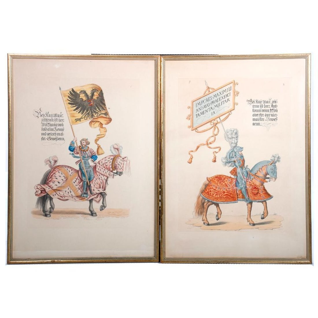 Pair of Knights/Tournament Pageantry Prints: After Hans Burgkmair (Turnierbuch). A pair of prints by R. Regnier, tournament knights on horseback. 19 3/4" x 14 1/4" (framed 20 1/2" x 15"). Condition good overall; toning; one with slight dampstain