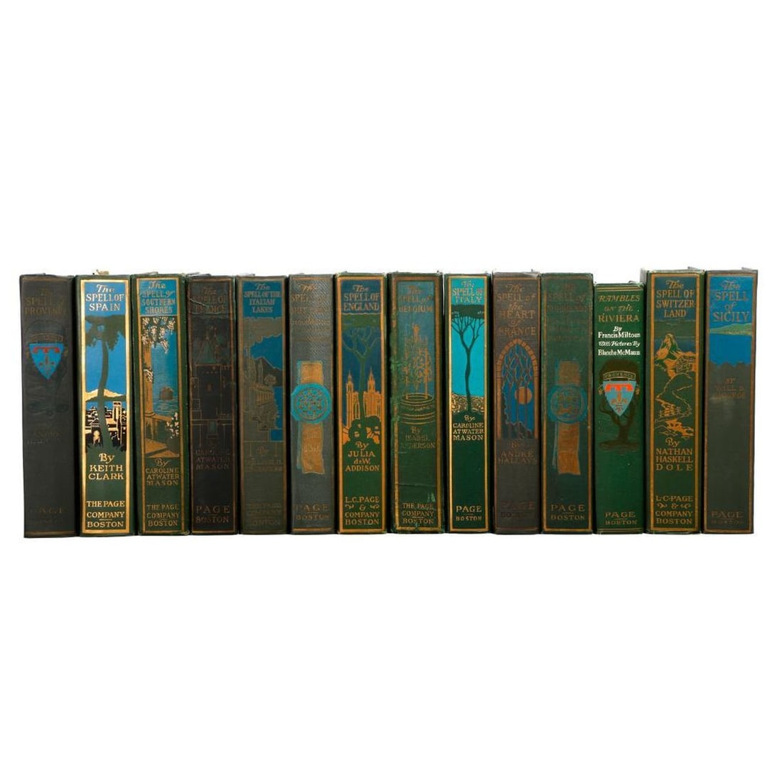 14 European Travel Volumes [Pictorial Bindings]: [DECORATIVE BINDINGS; TRAVEL.] Set of the "The Spell of" series (13), and a similar "Rambles" volume. Boston: The Page Company/L. C. Page & Co., 1910s-1930. Including some first editions. 12mo/8mo, gi