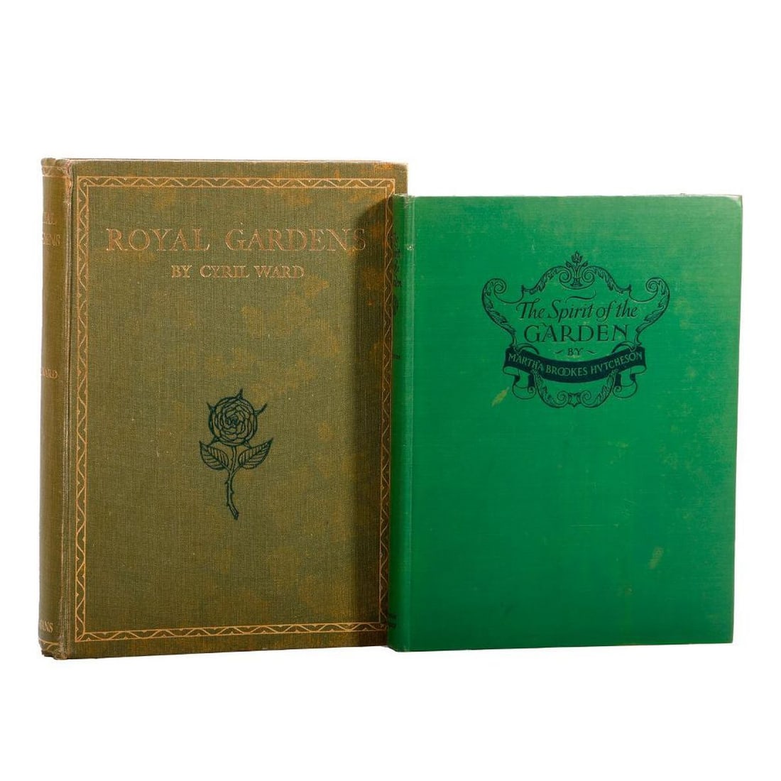 The Spirit of the Garden, 1923, with another: 1.) HUTCHESON, MARTHA BROOKES. The Spirit of the Garden. Boston: Little Brown and Company (Atlantic Monthly Press Publications), 1923. Introduction by Ernest Peixotto. 4to. Green cloth, stamped title