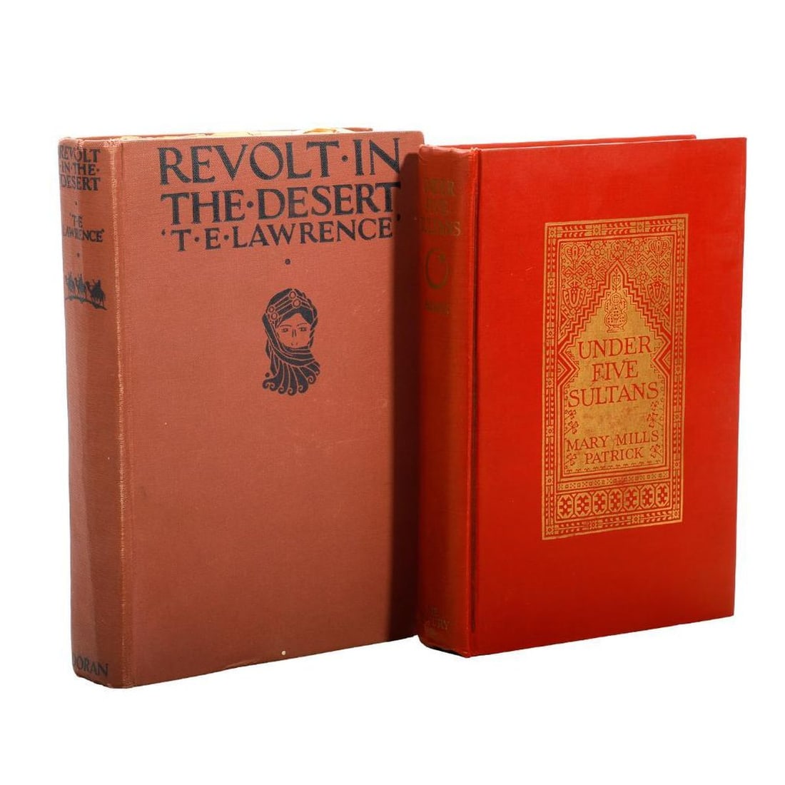 Revolt in the Desert, and Under Five Sultans (2): 1.) LAWRENCE, T. E. Revolt in the Desert. New York: George H. Doran Company, 1927 (First Printing in America). 8vo. Pinkish-brown pictorial cloth boards. Fold-out map at back; 1931 newspaper clipping