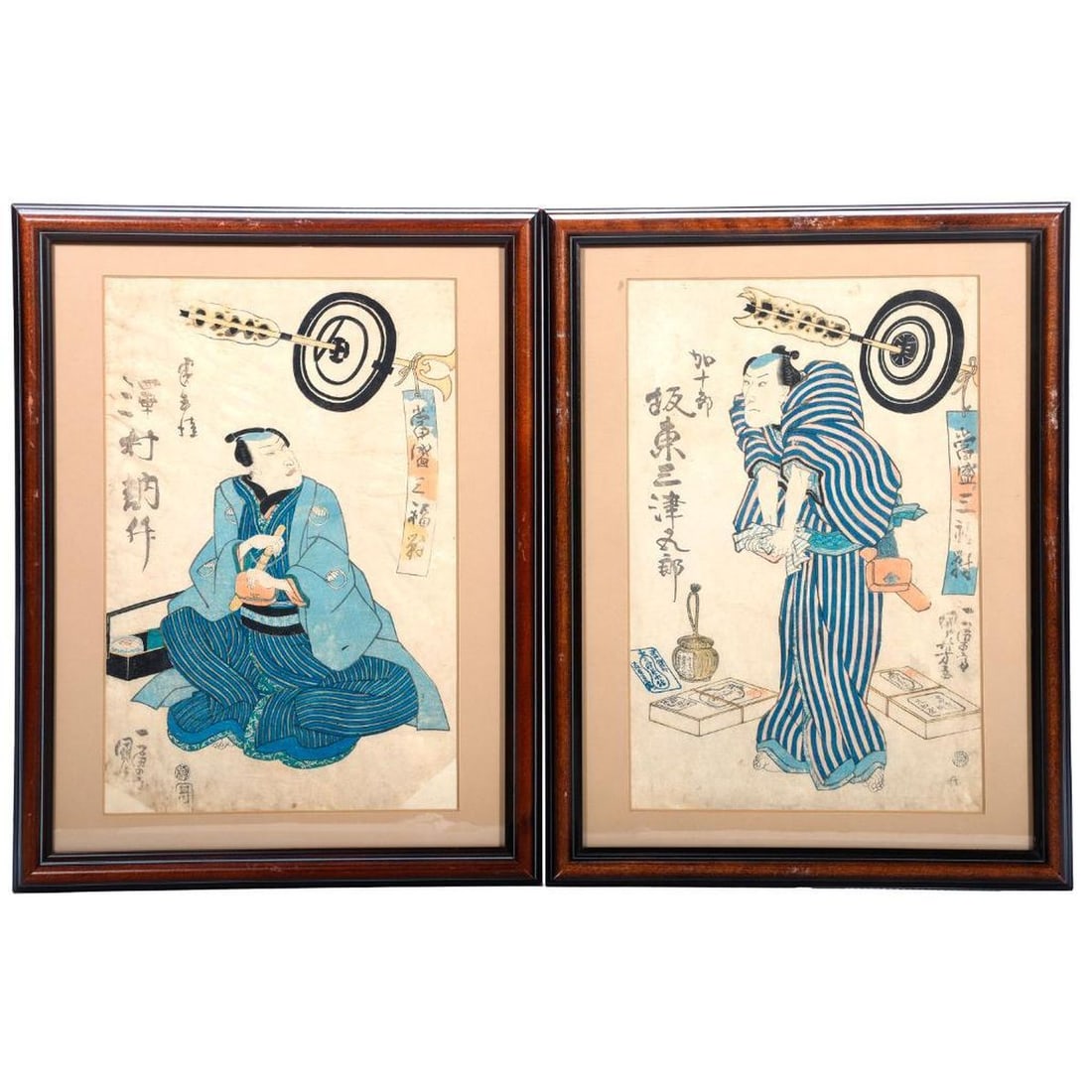 Utagawa Kuniyoshi (1798-1861), Prints of Actors, with another (4): Artist: Utagawa Kuniyoshi (1798-1861). Description: A set of three yakusha-e from the series Three Flourishing Geniuses of the Present Day (Tosei Sambukutsui): Bando Mitsugoro IV as Kajuro, Sawamura T