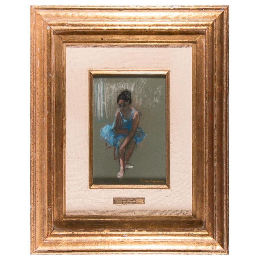Pastel of a Ballet Dancer, 20th Century: Artist: E. Trautman (20th Century). Title/Description: "Ballet Dancer." Signature: Signed lower right. Medium: Pastel on paper. Size: 10 1/2" x 7 3/4" (frame 21 1/2" x 18 1/2"). Condition good.