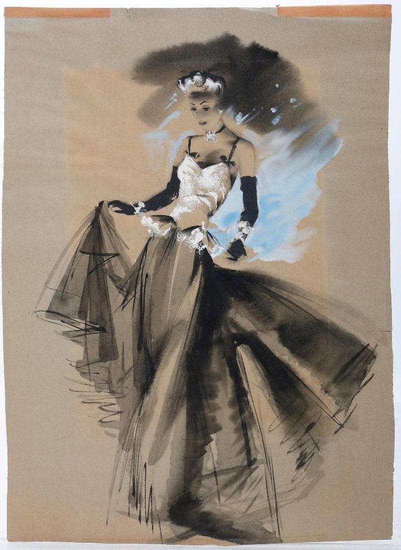 Original Fashion Illustration, with Others (4): A late 1940s original watercolor/gouache fashion illustration, unsigned, 18" x 13 2/8" (some toning; small edge tear/tape top margin); together with a vintage original watercolor of an interior, signe