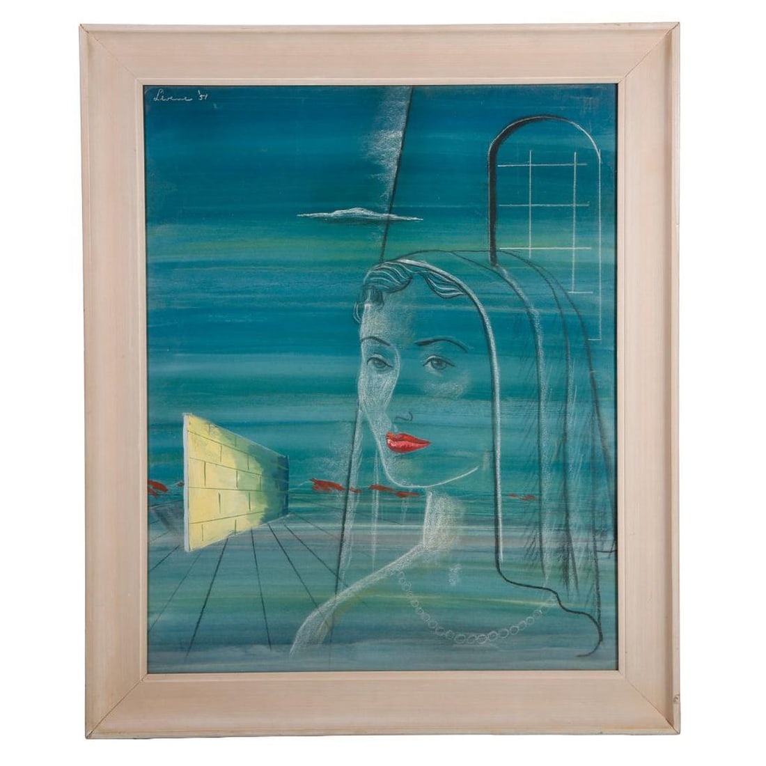 Mid 20th Century Surrealism, Mixed Media: Artist: American School (20th Century). Title/Description: Surrealist portrait of a woman; identified verso as Sharon Kay Ritchie (b. 1937) [Miss Colorado, 1955; Miss America, 1956]. Signature: Signed