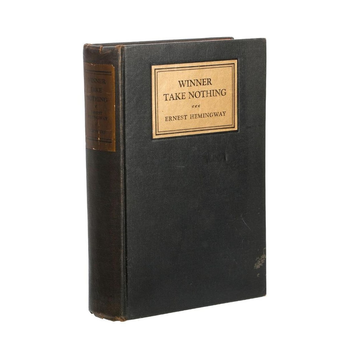 Hemingway, Winner Take Nothing, First Edition: HEMINGWAY, ERNEST. Winner Take Nothing. New York, London: Charles Scribner's Sons, 1933. First Edition/First Issue; "A" on copyright page; p. 159 with typo of "two" (missing t). 12mo. Black cloth with