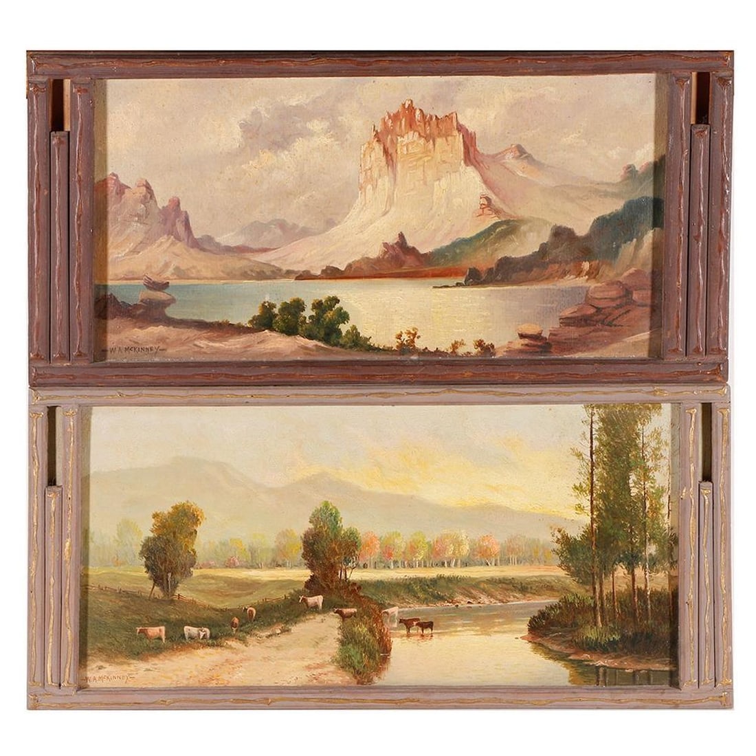 Willard Arthur McKinney (1869-1950), Pair of Paintings: Artist: Willard Arthur McKinney (1869-1950). Title/Description: Pair (2) western landscapes: "California Cattle Range"; "Green River, Montana." Signature: Lower left margins. Medium: Oil on board. Siz