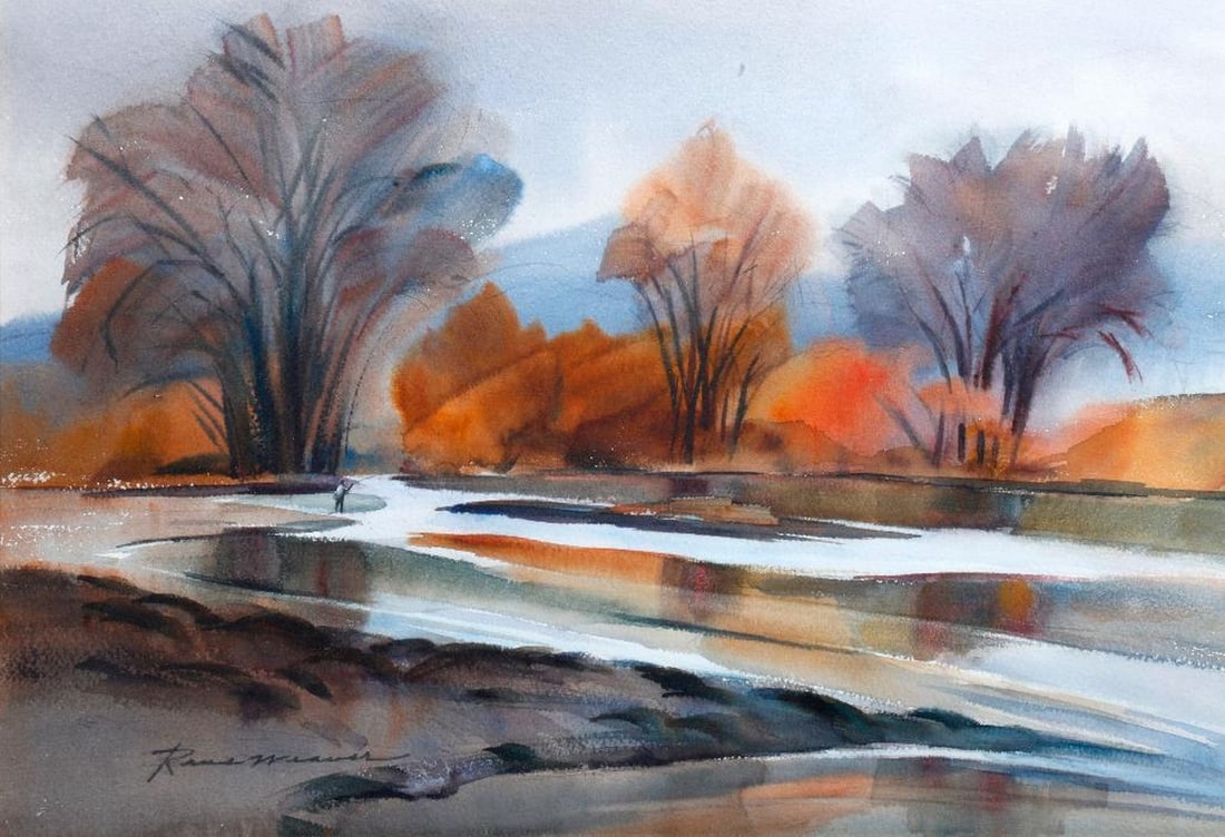 Rene Weaver (1897-1984), Watercolor: Artist: Rene Weaver (1897-1984). Title/Description: River landscape with angler. Signature: Signed lower left. Medium: Watercolor on paper. Size: Sight: 12 3/4" x 18 1/2" (sight); 18 1/2" x 24" (frame