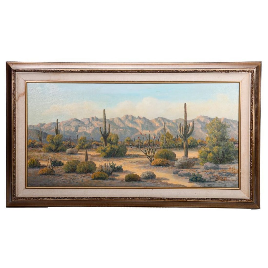 Michael R. Johnson (b. 1937), Painting: Artist: Michael R. Johnson (b. 1937). Title/Description: High desert landscape with saguaro cactus. Signature: Signed R. Johnson lower right. Dated: 1984. Medium: Oil on canvas. Size: 15" x 30" (frame