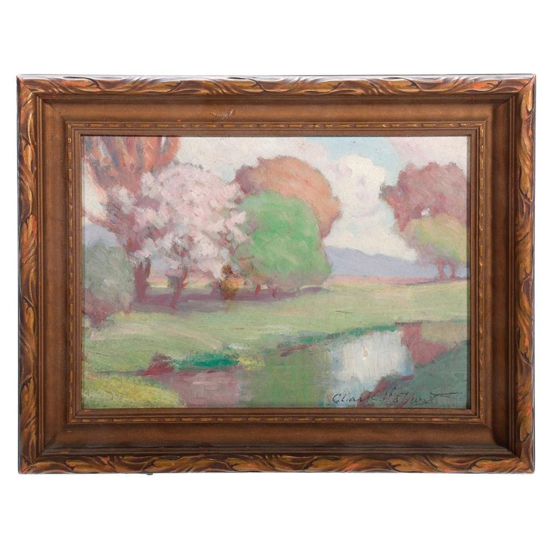 Clark Hobart (1868-1948), Painting: Artist: Clark Hobart (1868-1948). Title/Description: River landscape with flowering tree. Signature: Signed lower right. Medium: Gouache on board. Size: 5 1/2" x 7 3/4" (frame 7 1/2" x 9 3/4"). Condit