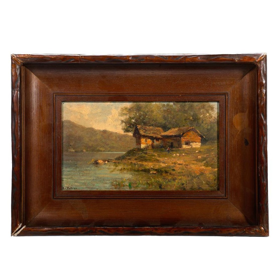 American School (Late 19th/Early 20th Century), Painting: Artist: American School (Late 19th/Early 20th Century). Title/Description: Mountain lake landscapes with rustic cabins. Signature: L. Valliek(?). Medium: Oil on board. Size: 4 3/4" x 8 1/2" (frame 9 1