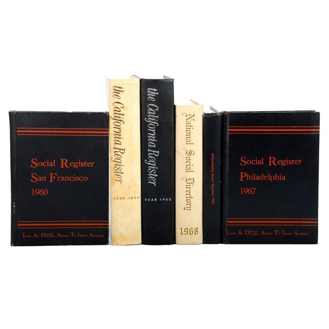 Group of 1960s Social Registers (6): 1.) THE NATIONAL SOCIAL DIRECTORY, Inc., New York, 1966. 2.-3.) THE SOCIAL BLUE BOOK OF CALIFORNIA, Beverly Hills, 1960; 1962. The California Register Year 1960; and The California Register Year 1962.