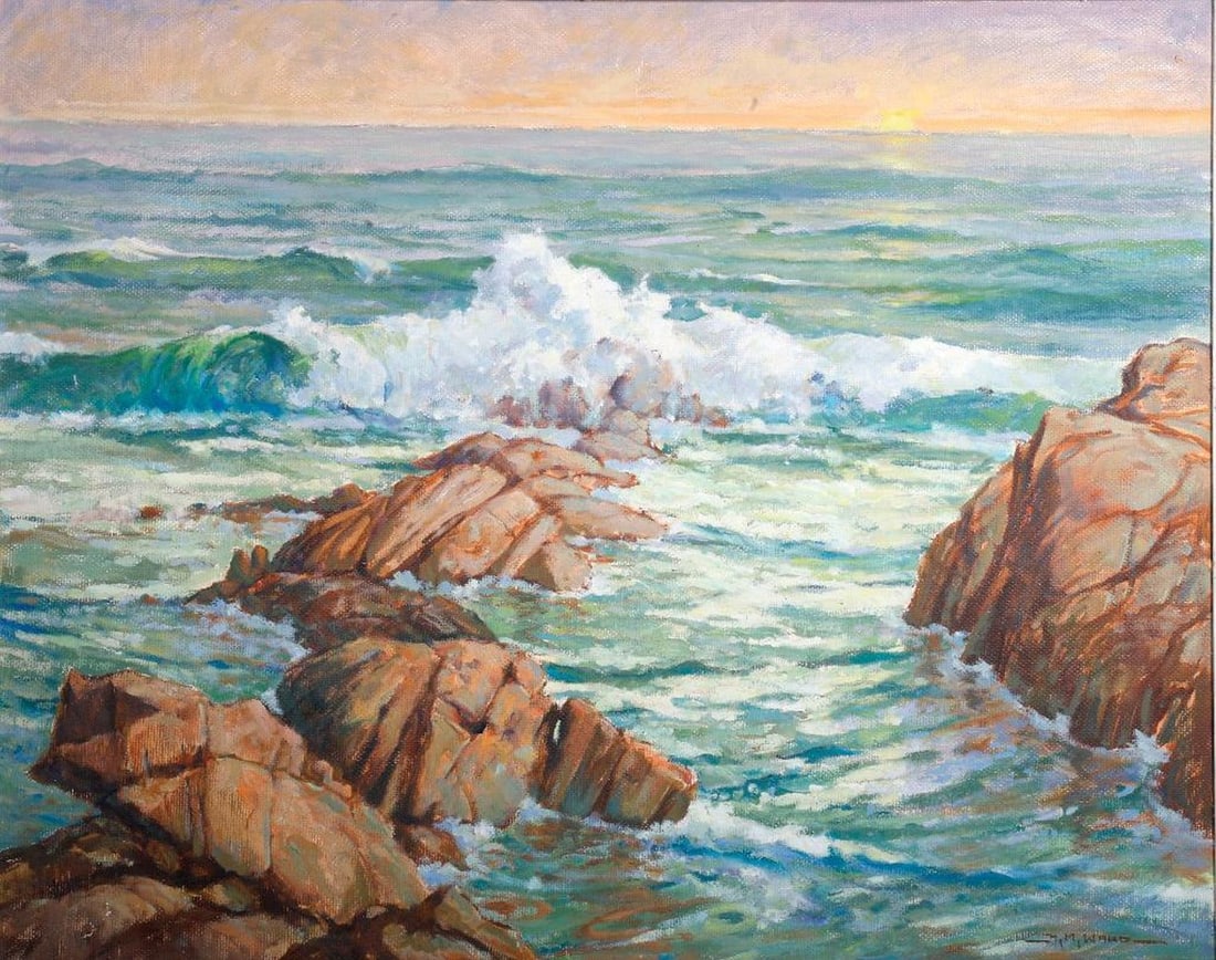 Harold M. Ward (1889-1973), Painting: Artist: Harold M. Ward (1889-1973). Title/Description: Coastal seascape. Signature: Signed lower right. Medium: Oil/gouache on masonite. Size: 24" x 30 1/4" (frame 27 1/4" x 33 1/2"). Condition good.