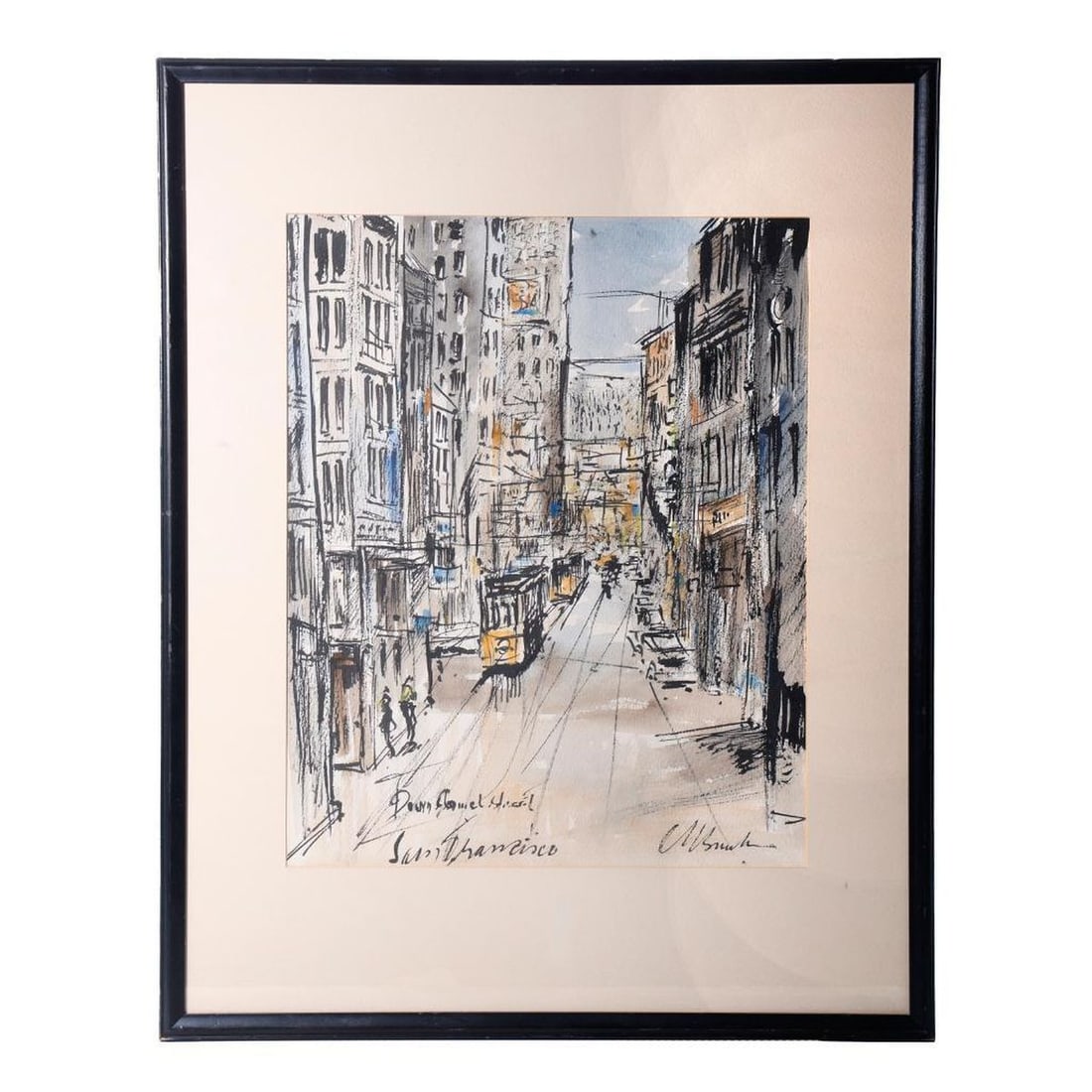 Vintage Watercolor, San Francisco Street Scene: A 20th century watercolor of San Francisco street scene with trolley cars. Signed lower right. 9 1/4" x 15 1/4" (sight); 29" x 23" (frame). Condition appears good (not examined out of frame).