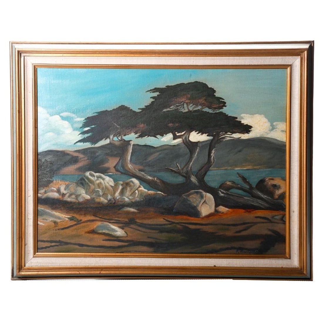 California School (20th Century), Painting: Artist: California School (20th Century). Title/Description: Coastal landscape with cypress. Signature: Signed lower right, illegible (P. Armstrong?). Medium: Oil on canvas. Size: 18" x 24" (frame 23"