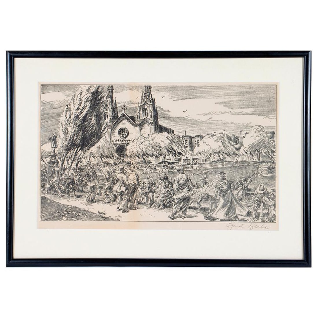 Howard Joseph Brodie (1916-2010), North Beach Print: [ITALIAN AMERICANS, SAN FRANCISCO.] Artist: Howard Joseph Brodie (1916-2010). Title/Description: Washington Square Park, North Beach. Signature: Signed and dated (19)49 in print; and signed in ink low