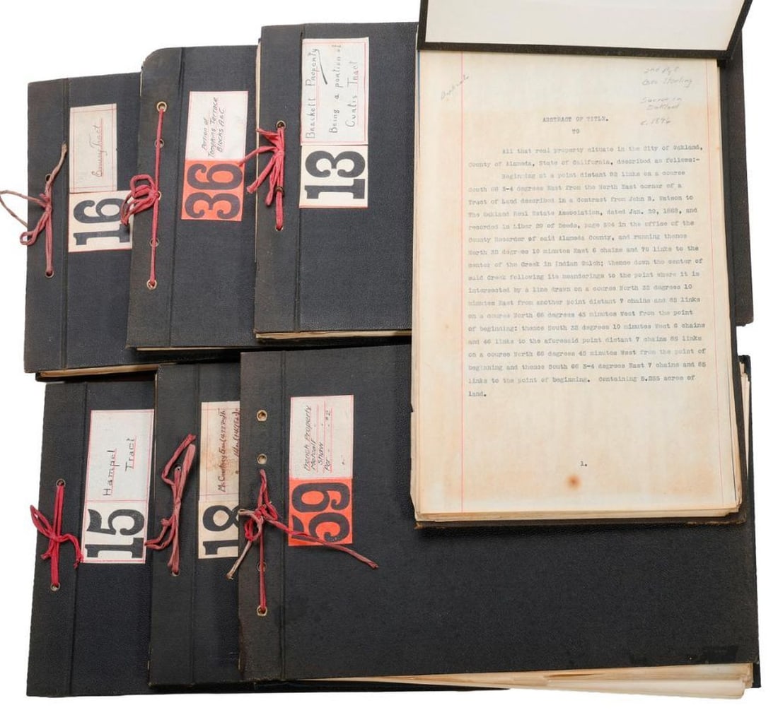 Early Bay Area Real Estate Record Books [George Sterling]: [OAKLAND/BERKELEY/EMERYVILLE DEVELOPMENT, REAL ESTATE, LAND GRANTS; REALTY COMBINE/SYNDICATE.] A collection of record books, typed/duplicate documents (no signatures) 1850s to 1904, detailing the earl