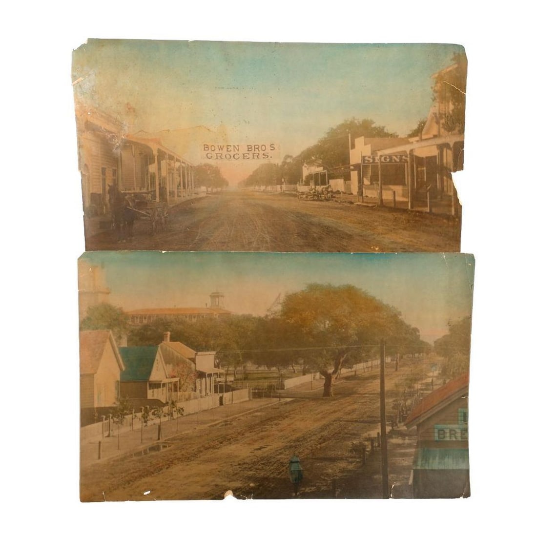Four Old Oakland Tinted Photographs, with another: Four large hand-tinted photographs, circa mid to late19th century, depicting streets, businesses, buildings in early Oakland. Businesses/signage includes a banner for Bowen Bros. Grocers; Bowen Bros.