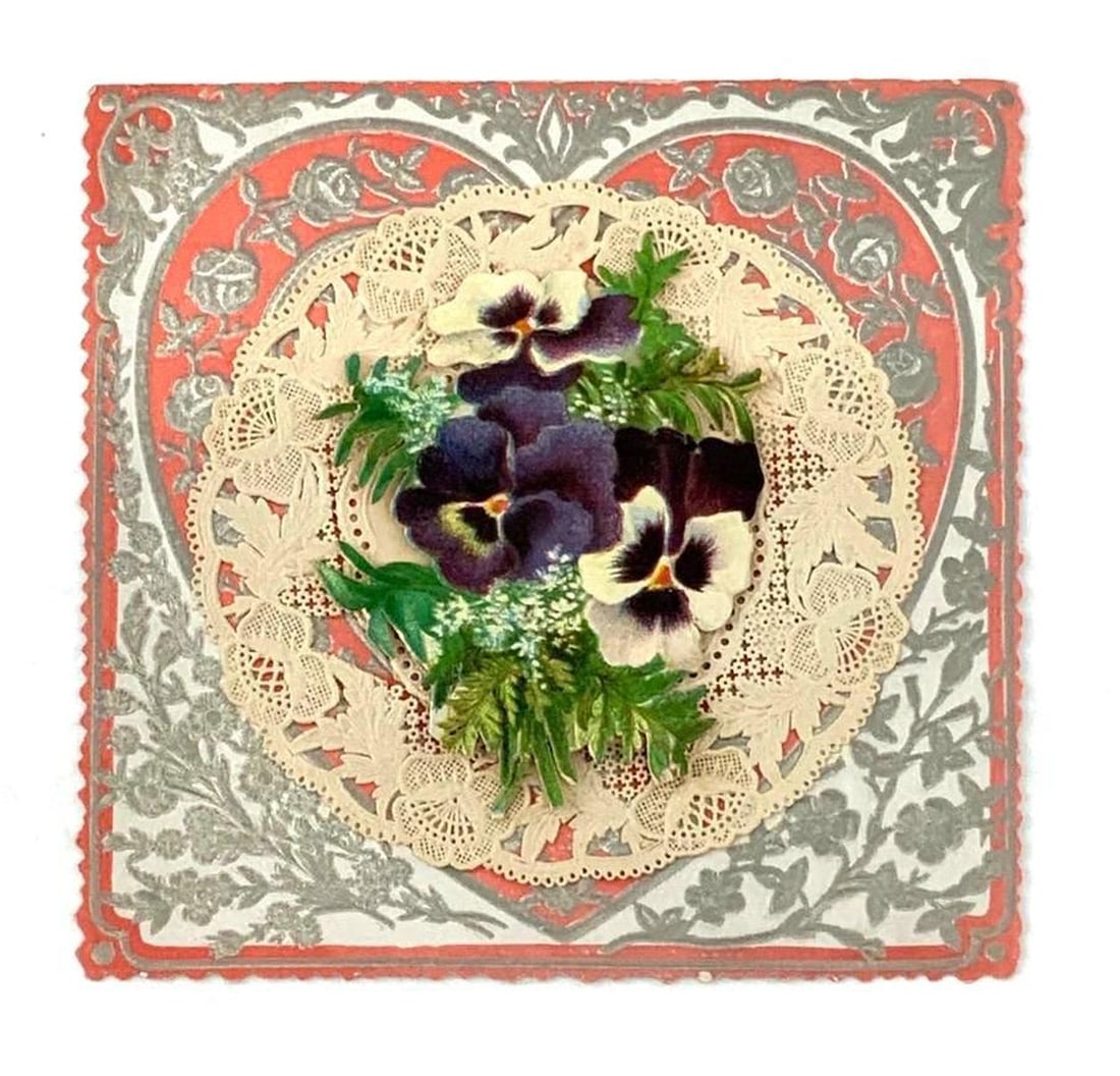 Four Vintage Heart Valentines: Group of four circa 1880s to 1920s heart Valentines: 1.) Vintage Valentine card with heart shaped silver open floral pattern, ivory doily with pansies in center. Dimensions: 5 1/4 x 5 1/4 inches; Medi