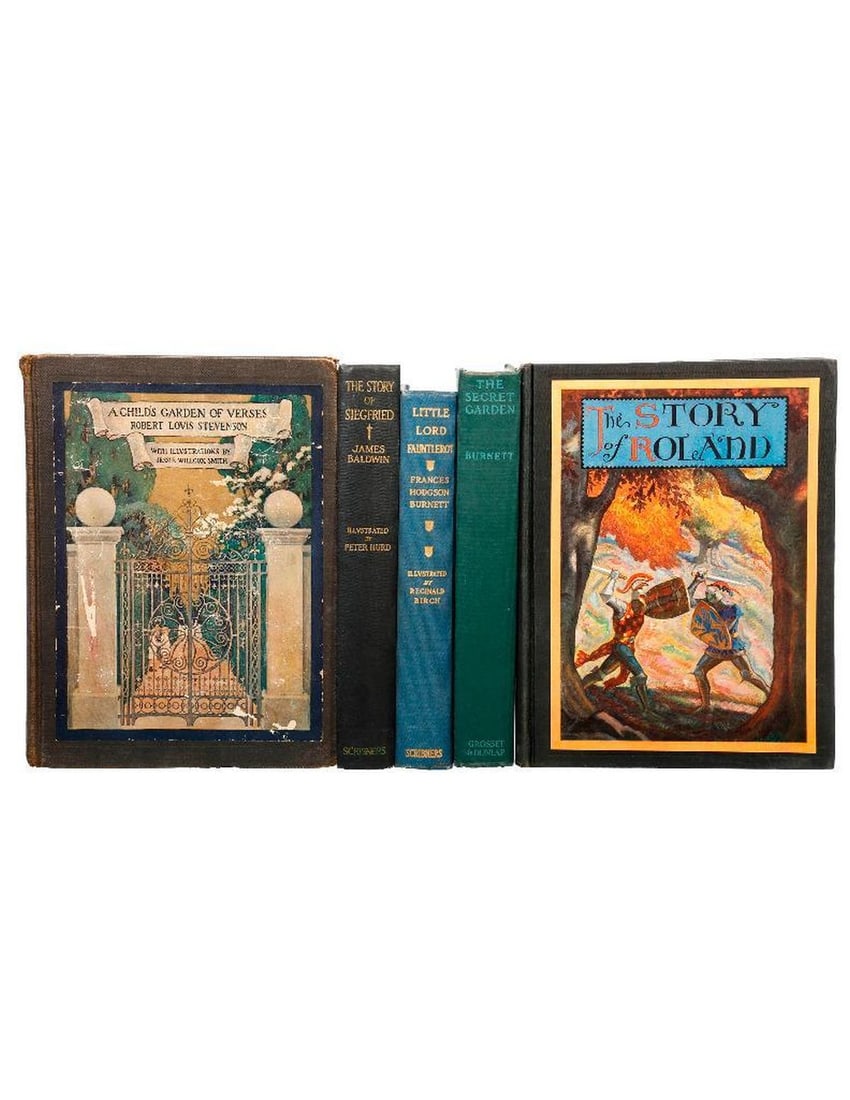 Five Classic Children's Books, 1930s.: 1.-2.) BALDWIN, JAMES. The Story of Roland (1930). And, The Story of Siegfried (1931). Charles Scribner's Sons, color illustrated cover labels and plates by William Hurd. Both Good condition, with boo