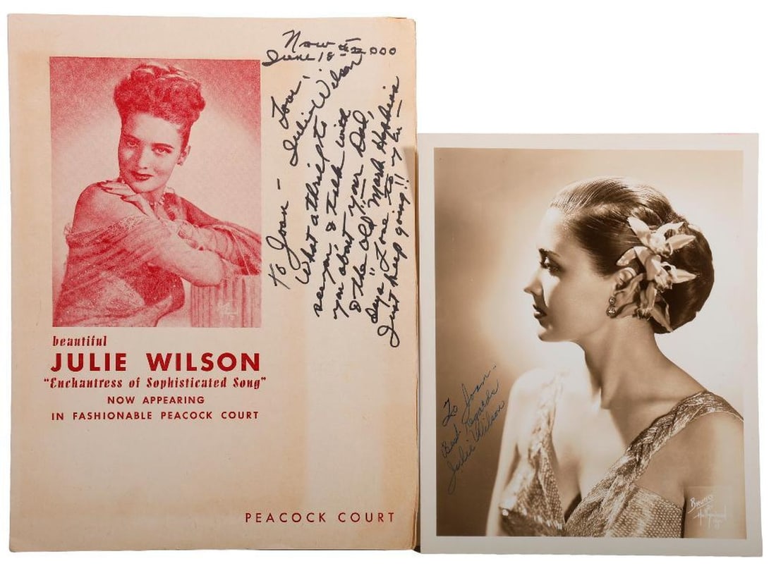 Julie Wilson "Queen of the Cabaret" Signed Photos and Menu: JULIE MAY WILSON (1924-2015); [MARK HOPKINS HOTEL]. Two signed/inscribed 8" x 10" Bruno of Hollywood, New York studio portraits of the singer and actress, who came to be known as the "Queen of Cabaret