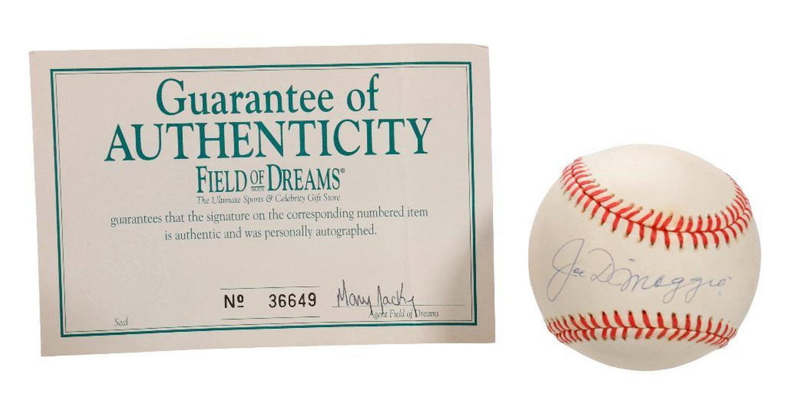 Joe Dimaggio Signed Baseball: JOE DIMAGGIO (1914-1999). A Rawlings American League baseball signed in ballpoint pen by Dimaggio. Good condition. Provenance: Field of Dreams, San Francisco, with certificate and 1999 receipt.