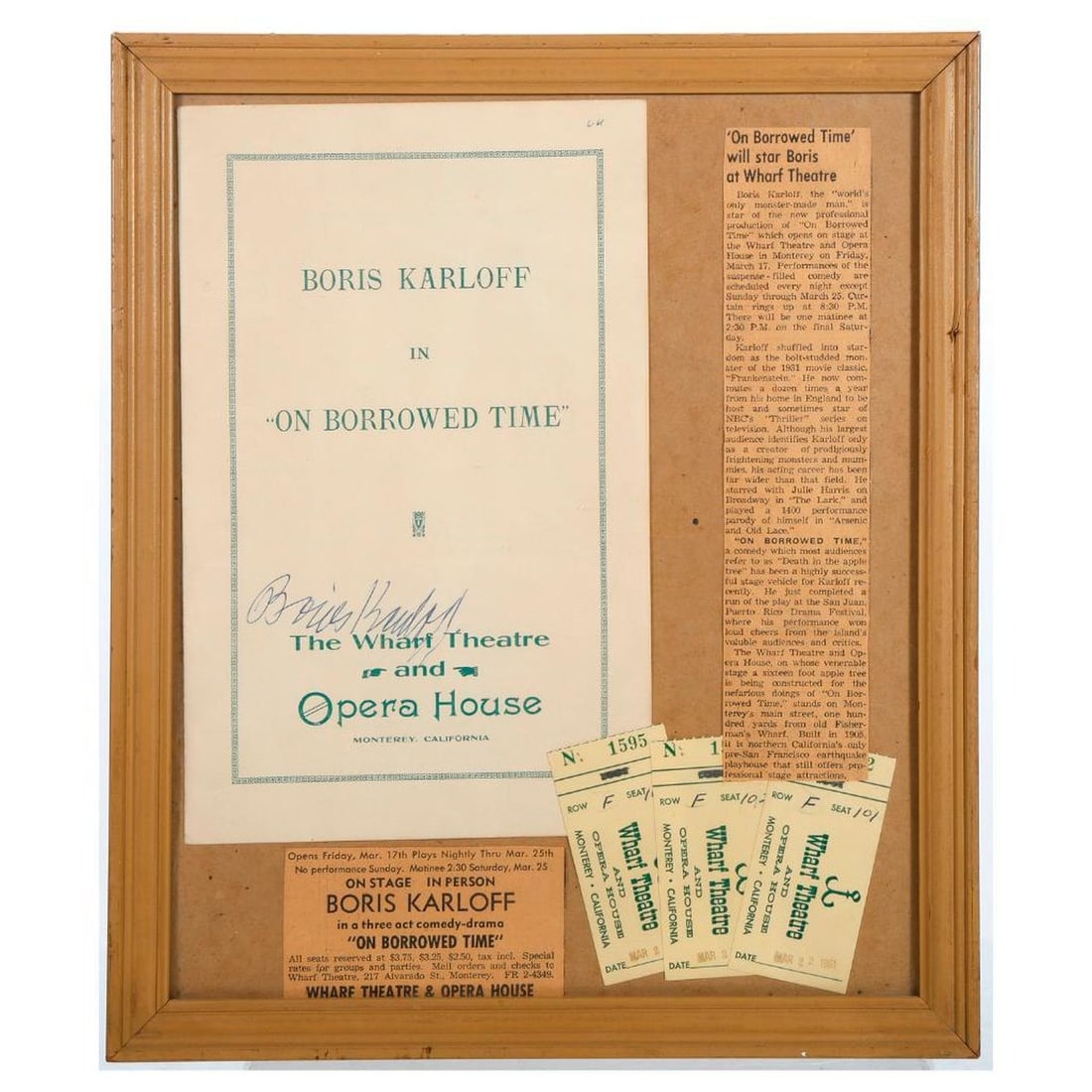 Boris Karloff "On Borrowed Time" Signed Program: BORIS KARLOFF (1887-1969). Program for Boris Karloff In "On Borrowed Time," The Wharf Theatre and Opera House, Monterey, California [1961], signed by Karloff in blue ink; 9 1/2" x 6." Framed (13 1/4"