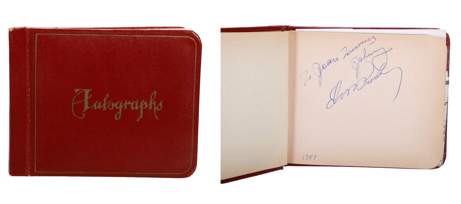 20th Century Autograph Book: Elvis Presley, Judy Garland, Khruschchev, and more: [HOLLYWOOD; POLITICS; ROYALTY; MARK HOPKINS HOTEL.] An autograph book featuring signatures from a cross-section of celebrities and public figures, between 1955 and 1966; 4 3/4" x 6"; each signature (o