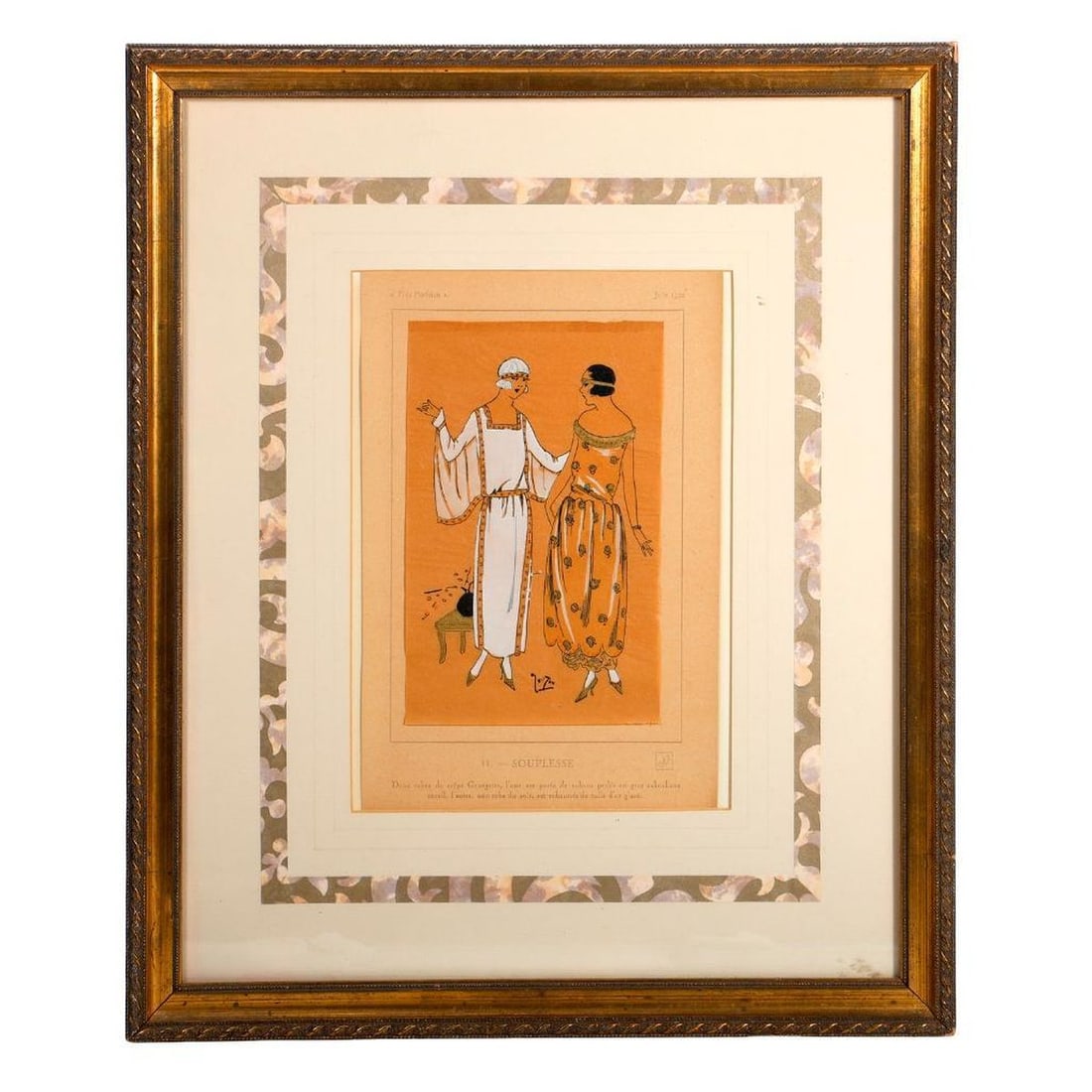 Tres Parisien Fashion Plate, 1922: "Souplesse," a French fashion plate illustration from Tres Parisien magazine (Germain-Paule Joumand, Editor), June 1922. Pochoir/stencil engraving on tissue paper, with gilt and gouache highlights. Wi