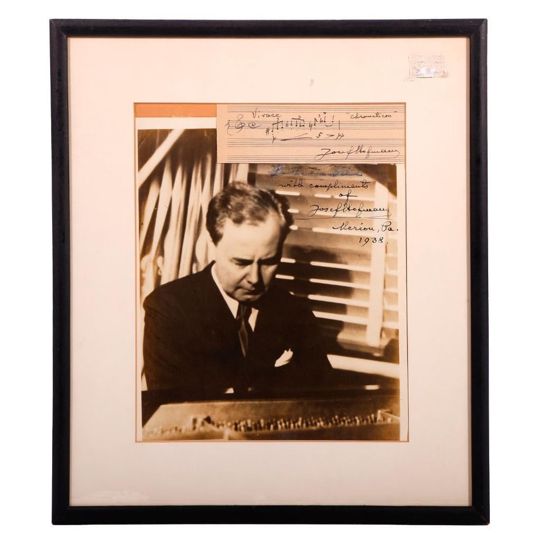 Pianist Josef Kazimierz Hofmann Signed Photograph: JOSEF KAZIMIERZ HOFMANN (1876-1957). A vintage photograph of pianist, composer, and teacher Hofmann at a piano, approx. 9 1/2" x 8" (sight). Inscribed: "[scratched out name?] with compliments of Josef