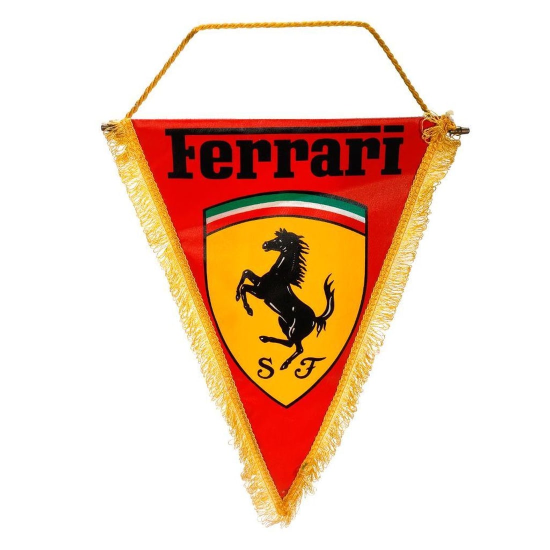 Ferrari Club Pennant Flag: A circa 1970-1990 Ferrari Club Castelnovo pennant flag, on metal hanging rod, 11" x 13 1/2." Condition: overall good; pinhole at the tip, small green mark on fringe.