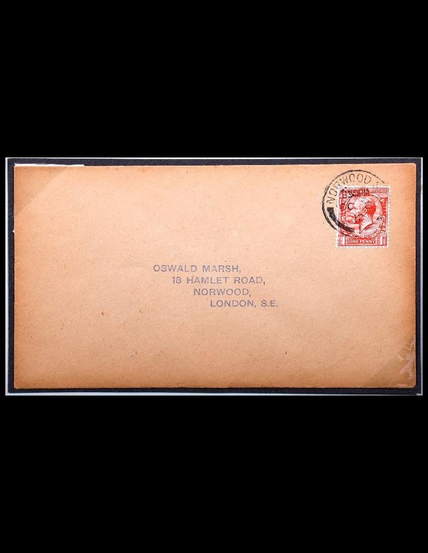 Great Britain 1912 1d Oswald Marsh Cover: Great Britain 1912 1d Bright scarlet. Very fine used example tied to a plain "Marsh" envelope by a crisp Norwood S.E. cds for OC.08.1912, the first day of issue. Provenance: Private Collection; acquir