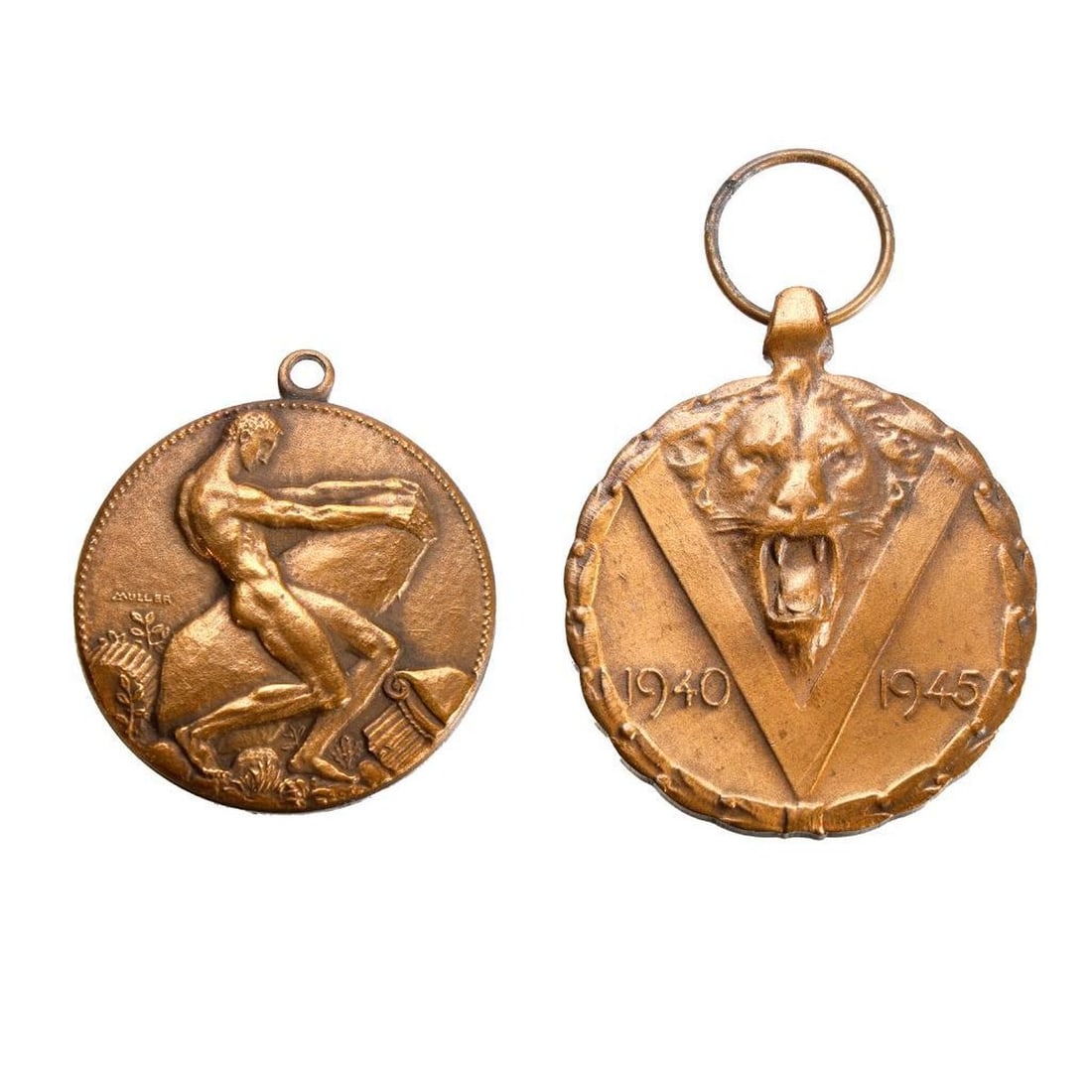 Louis Muller Belgian Medal 1959, with another: A bronze Ministry of Finance Prometheus medal, marked Muller. Together with a Belgian WWII Victory medal, 1940-1945. The largest 1 3/8".