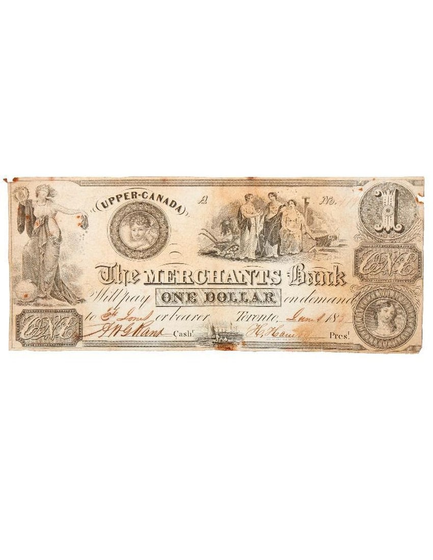 Upper-Canada, Merchants Bank Notes (2), 1837: 1.) UPPER-CANADA, THE MERCHANTS BANK, ONE DOLLAR, June 1, 1837, Toronto. 2 15/16" x 6 5/8". Condition: staining/toning; scattered dark spotting; a few small edge/corner tears/losses. 2.) UPPER-CANADA,