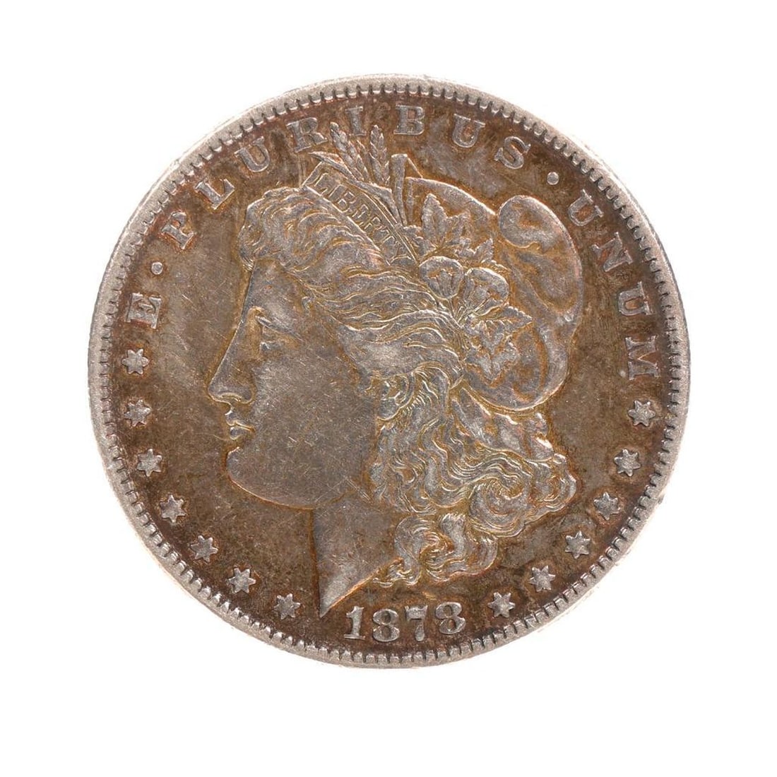 1878-s Morgan Silver Dollar: A circulated 1878 San Francisco minted Morgan silver dollar, 7 tail feathers.