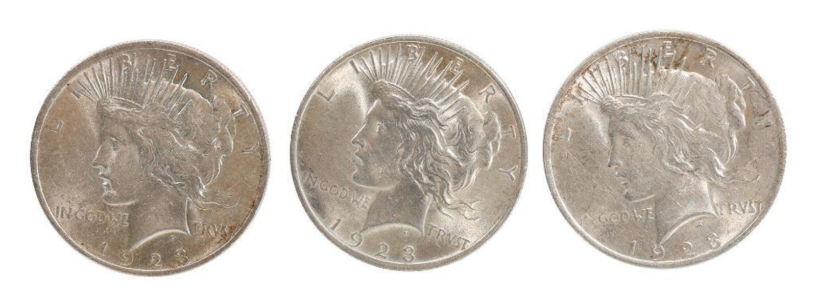 Three 1923-P Liberty "Peace" Silver Dollars, with Two Eisenhowers (1 of 5)