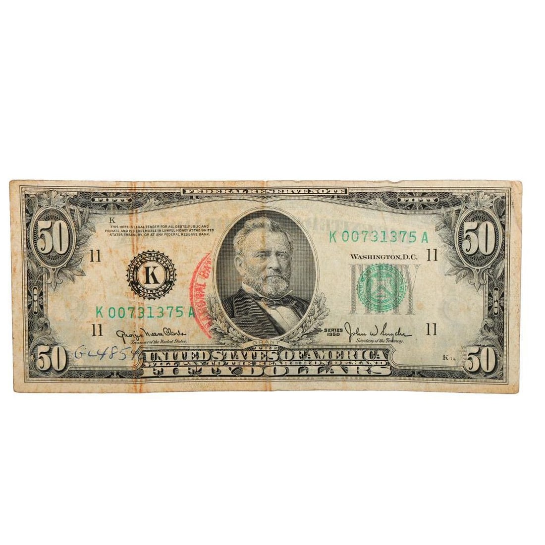 $50 Federal Reserve Note, 1950: A circulated Federal Reserve Fifty Dollar note, Series 1950 K (Dallas). Condition: three horizontal fold creases, two with staining; general wrinkling, light soiling.