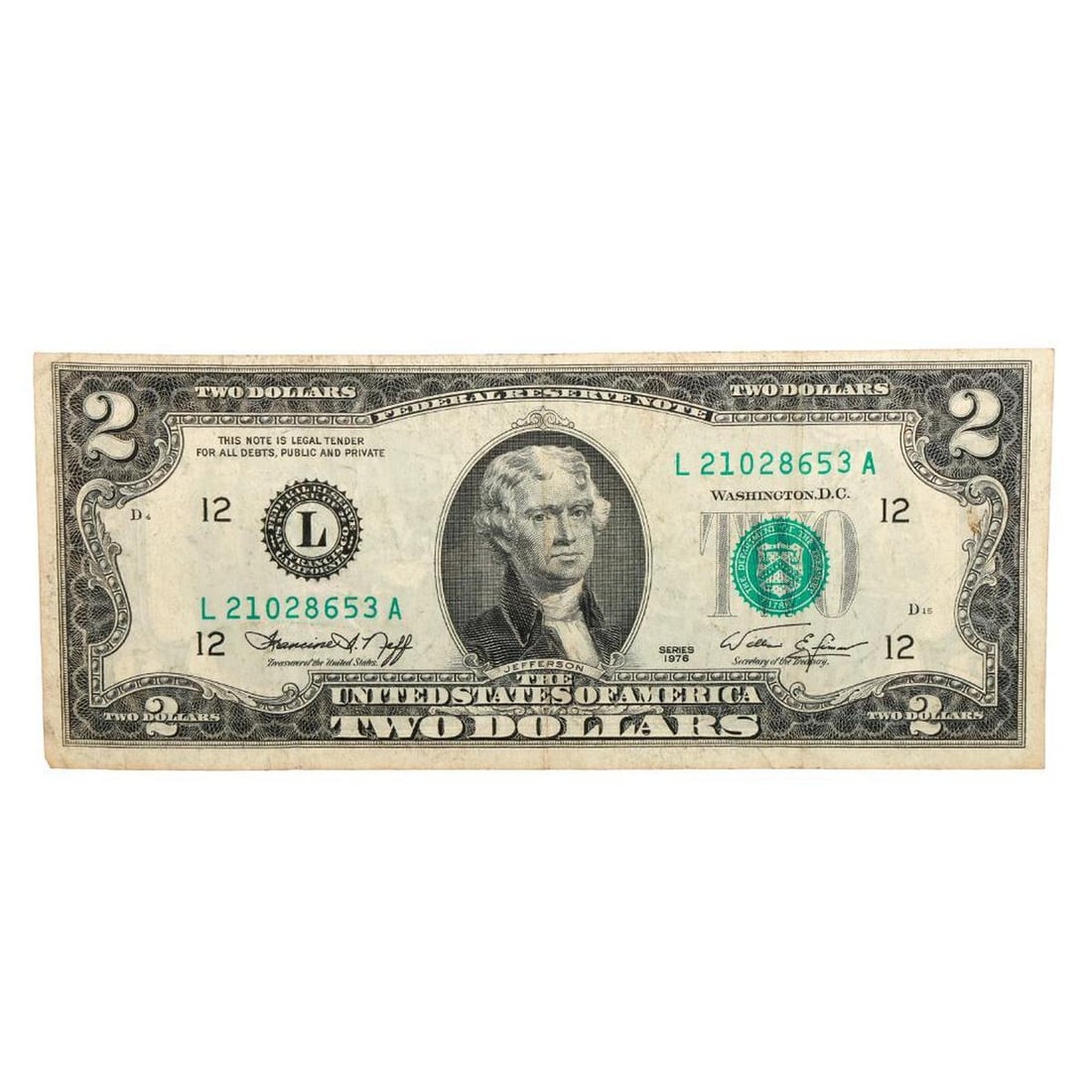 Collection of US $2 Bills (10), 1976: Ten U.S. $2 dollar bills, Series 1976: L (8); I (1); and B (1). Condition: at least one is crisp, the others with varied creasing/soiling.