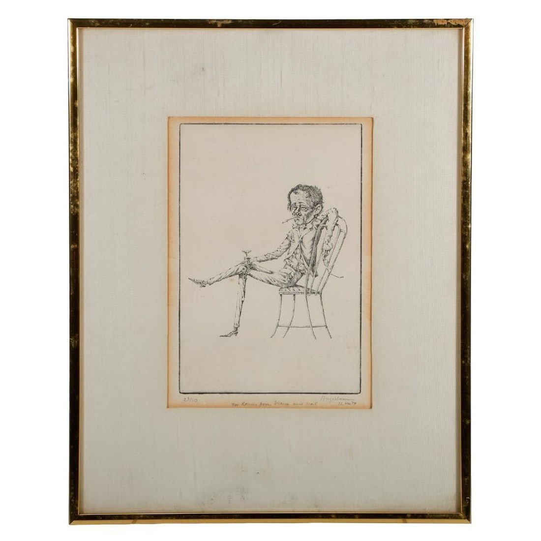 Karl Hagedorn (1889-1969) Etching, Collection of Edgard Varese: Artist: Karl Hagedorn (1889-1969). Title/Description: A gentleman seated in a chair (possibly Edgard Varese). Signature: Signed lower right; inscribed "For Louise [Varese] from Diane and Karl." Date: