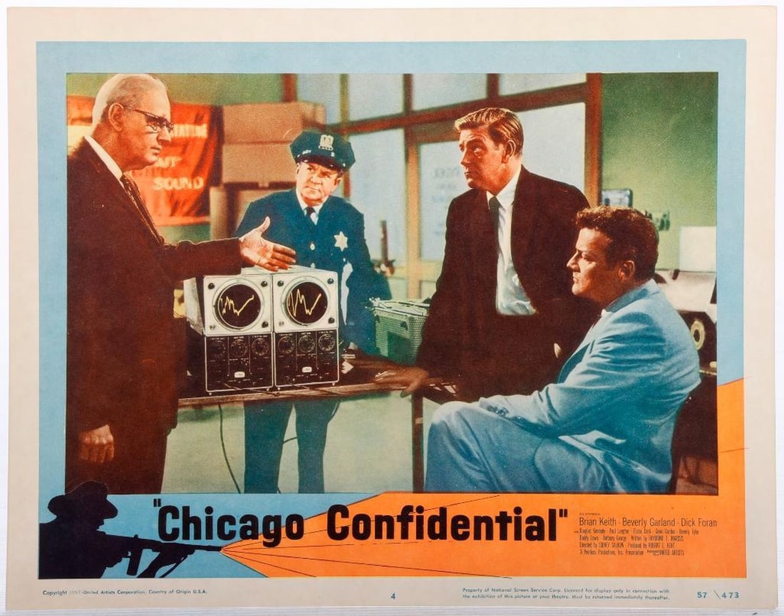 Vintage Film Noir and Adventure Lobby Cards (13): A collection of full-color lobby cards, 11" x 14." Six noir: The Diamond Wizard, 1954; Flight to Hong Kong, 1956; Chicago Confidential, 1957; Hidden Fear, 1957; The Boss, 1956. And six adventure: two